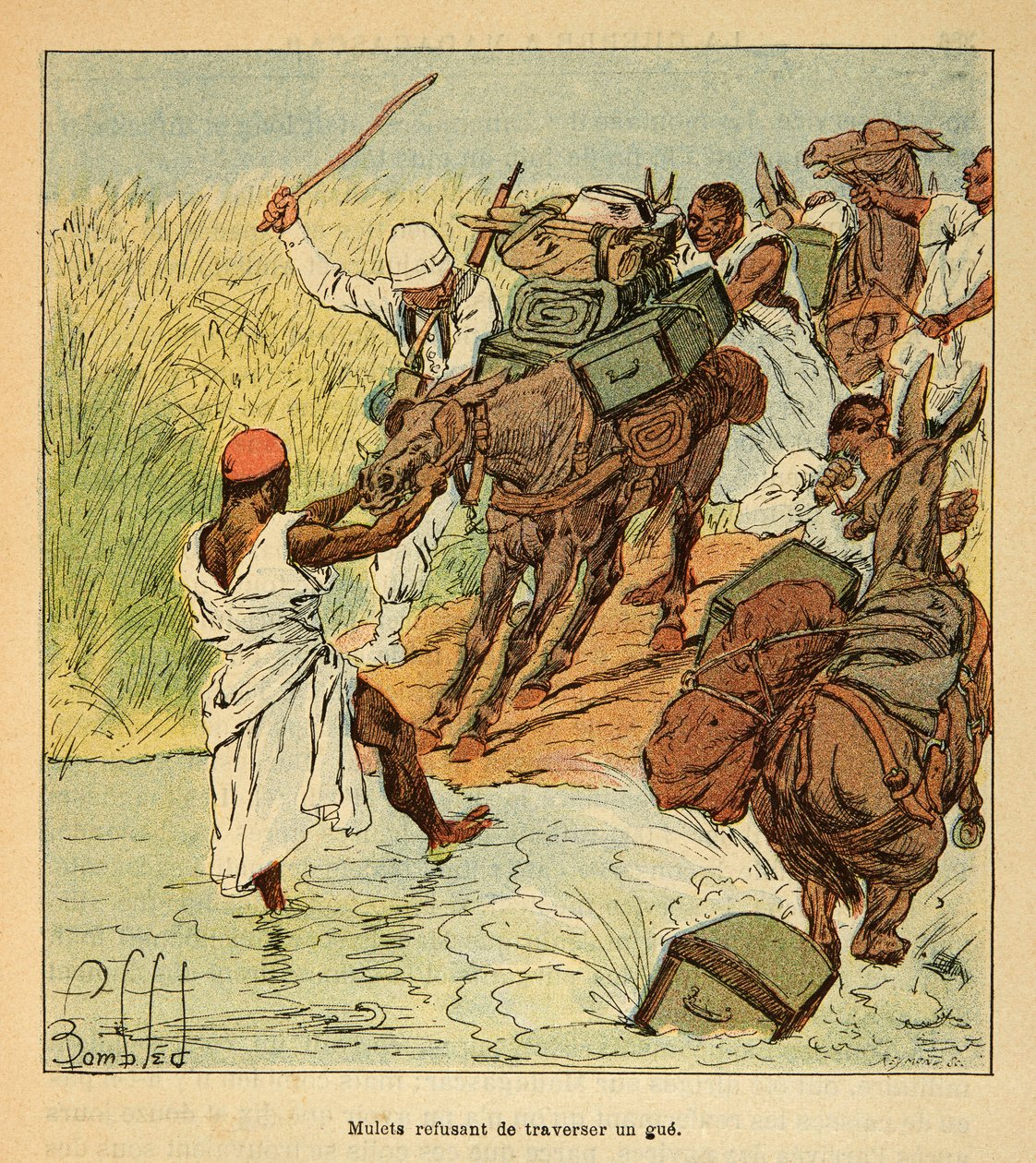 Wojna na Madagaskarze – anegdotyczna historia francuskich ekspedycji z lat 1885-1895 Henri Galli dit Galllichet (1854-1922), zilustrowana przez Louisa Bombleda (1862-1927): Mulety odmawiające przekroczenia granicy podczas francuskiej ekspedycji na Madagask autorstwa Louis Charles Bombled