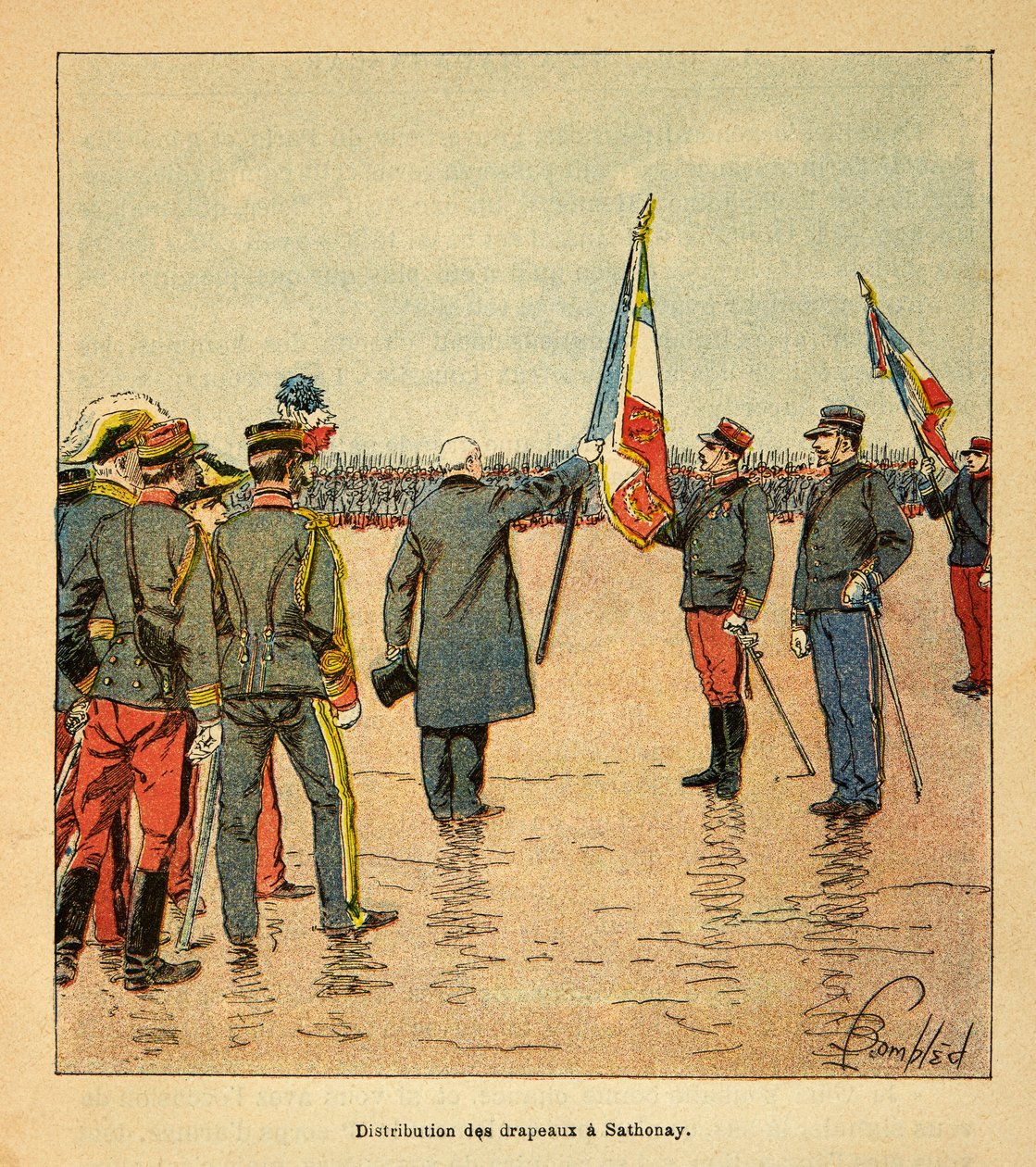 Wojna na Madagaskarze-Anegdotyczna historia francuskich ekspedycji z lat 1885-1895 Henri Galli dit Galllichet (1854-1922), zilustrowana przez Louisa Bombleda (1862-1927): Dystrybucja flag w Sathonay żołnierzom wyruszającym na Madagaskar w 1895 roku prasa autorstwa Louis Charles Bombled