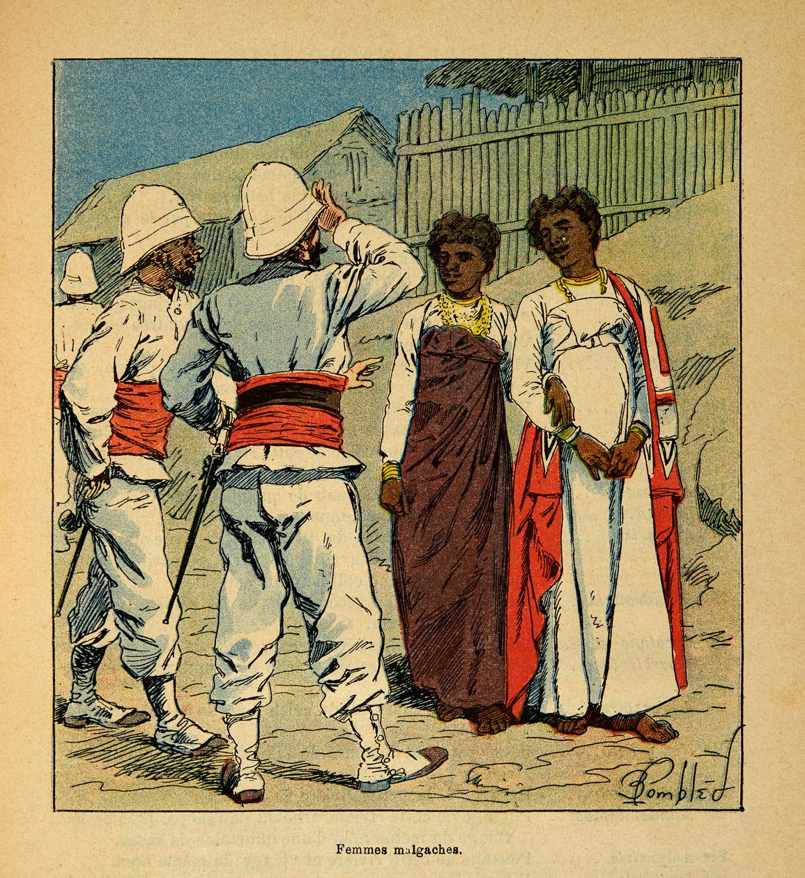 Wojna na Madagaskarze-Anegdota Historia francuskich wypraw z lat 1885-1895 Henri Galli dit Galllichet (1854-1922), ilustracja Louis Bombled (1862-1927): francuscy żołnierze sympatyzujący z malgaskimi kobietami, zbiory prywatne autorstwa Louis Charles Bombled