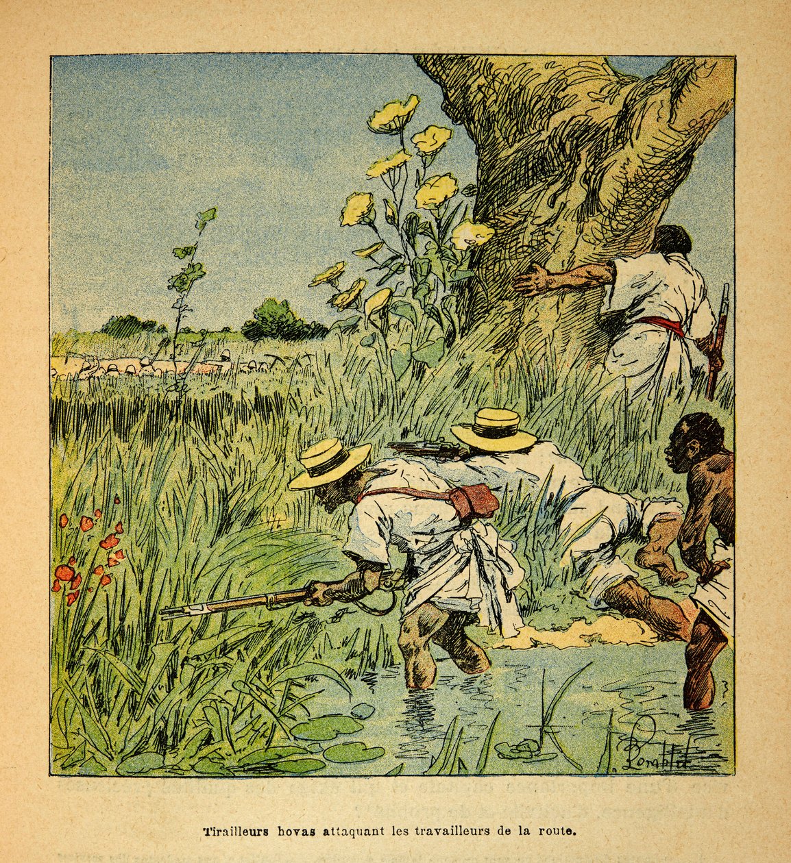 Wojna na Madagaskarze-Anegdota Historia francuskich ekspedycji 1885-1895 Henri Galli dit Galllichet (1854-1922), ilustrowana przez Louisa Bombleda (1862-1927): Hovas Tirailleurs atakujący wojsko budujące drogę w 1895 r., Zbiory prywatne autorstwa Louis Charles Bombled