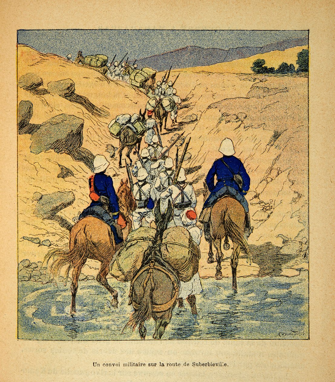Wojna na Madagaskarze – anegdotyczna historia francuskich ekspedycji z lat 1885-1895 Henri Galli dit Galllichet (1854-1922), ilustracja Louis Bombled (1862-1927): konwój wojskowy na drodze do Suberbieville w 1895 r., zbiory prywatne autorstwa Louis Charles Bombled