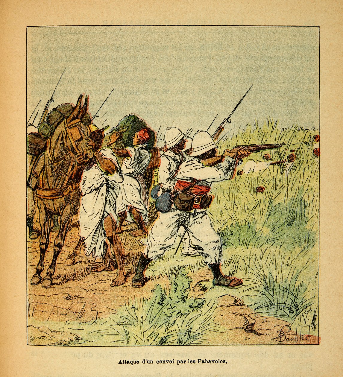 Wojna na Madagaskarze-Anegdota Historia francuskich ekspedycji 1885-1895 Henri Galli dit Galllichet (1854-1922), ilustracja Louis Bombled (1862-1927): Atak konwoju wojskowego przez Fahavolos, kolekcja prywatna autorstwa Louis Charles Bombled