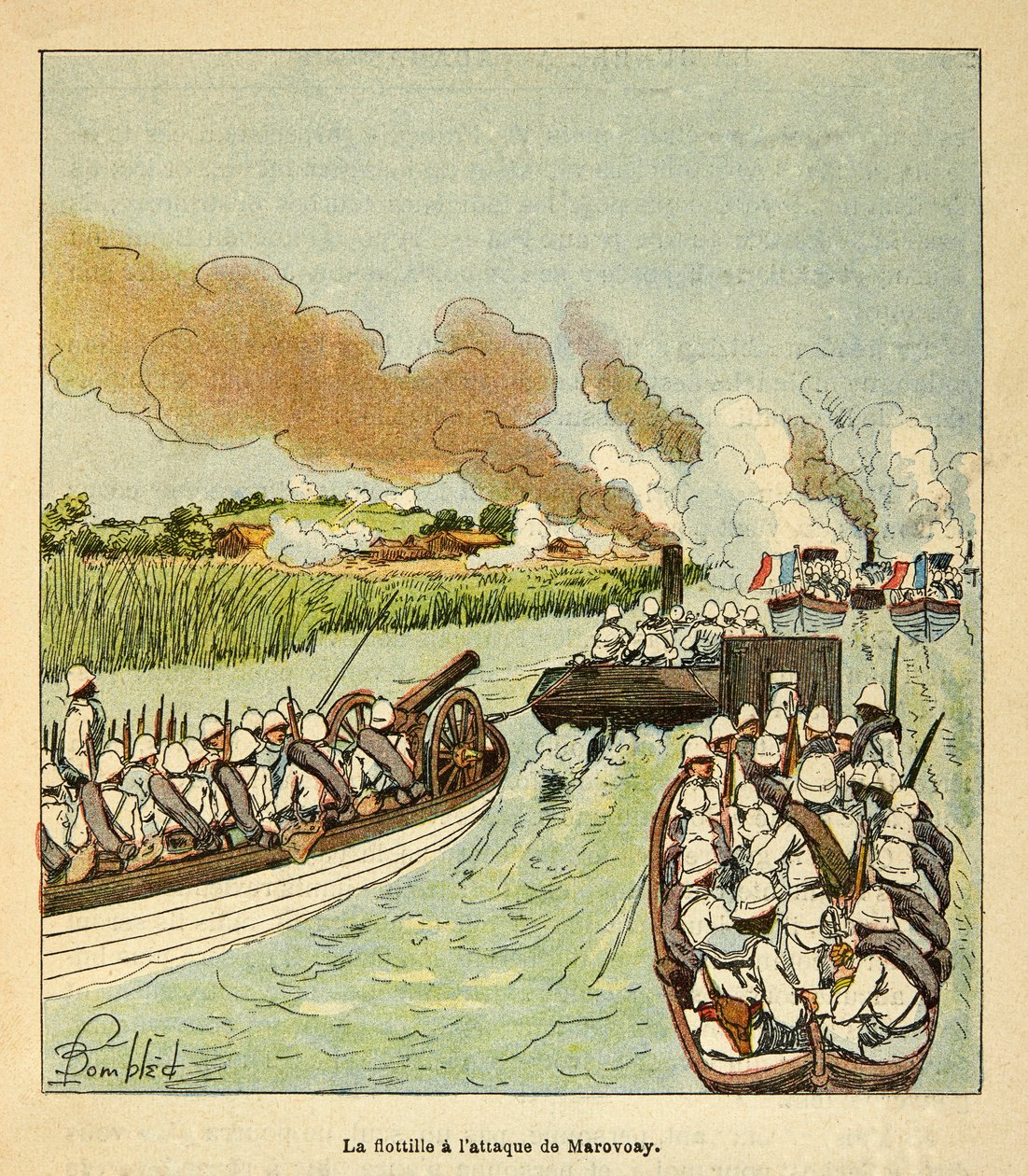 Wojna na Madagaskarze — anegdotyczna historia francuskich ekspedycji z lat 1885-1895 autorstwa Henri Galli dit Galllichet (1854-1922), zilustrowana przez Louisa Bombleda (1862-1927): Piechota morska zaatakowała miasto Marovoay w 1895 r., kolekcja prywatna autorstwa Louis Charles Bombled
