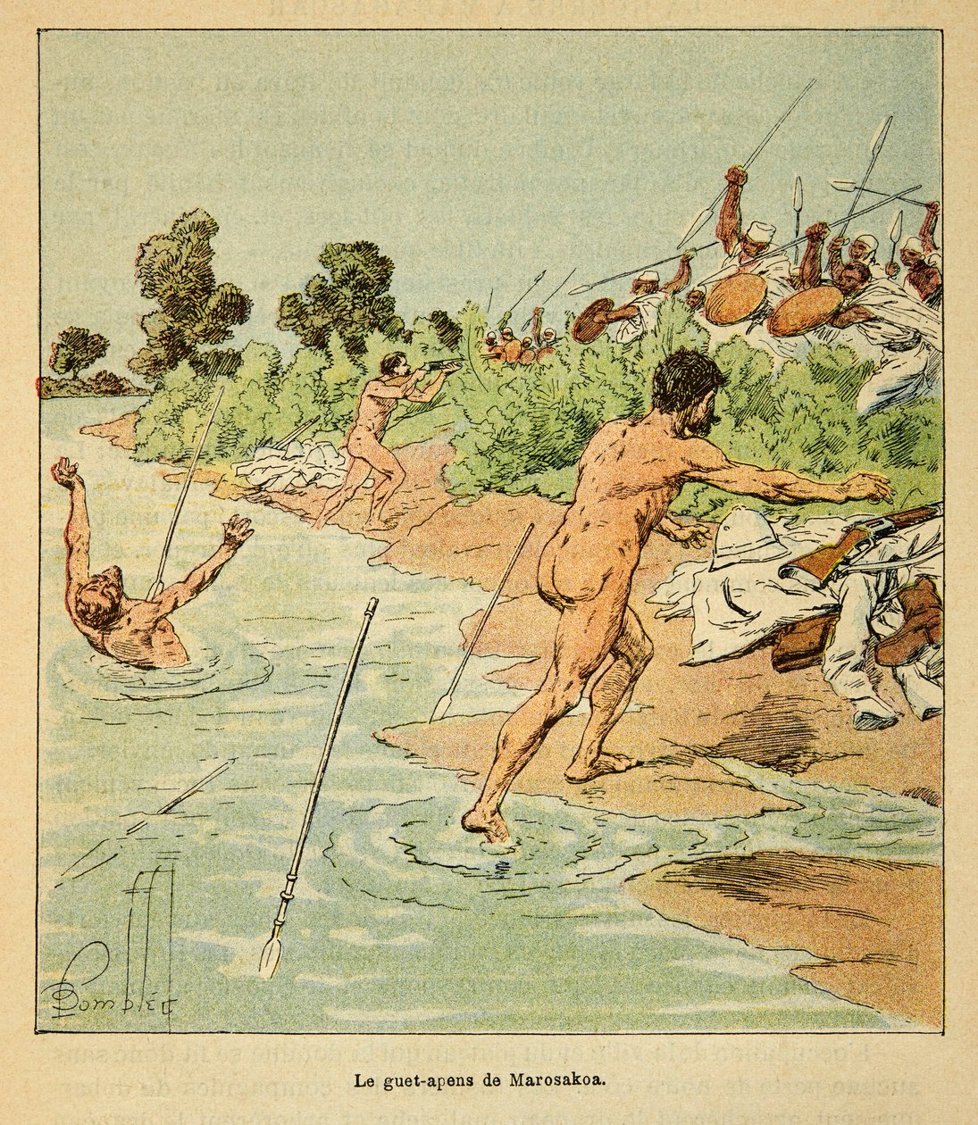Wojna na Madagaskarze – anegdotyczna historia francuskich ekspedycji z lat 1885-1895 Henri Galli dit Galllichet (1854-1922), zilustrowana przez Louisa Bombleda (1862-1927): Sakalaves atakują francuskich negocjatorów w Marosakoa w 1895, kolekcja prywatna autorstwa Louis Charles Bombled