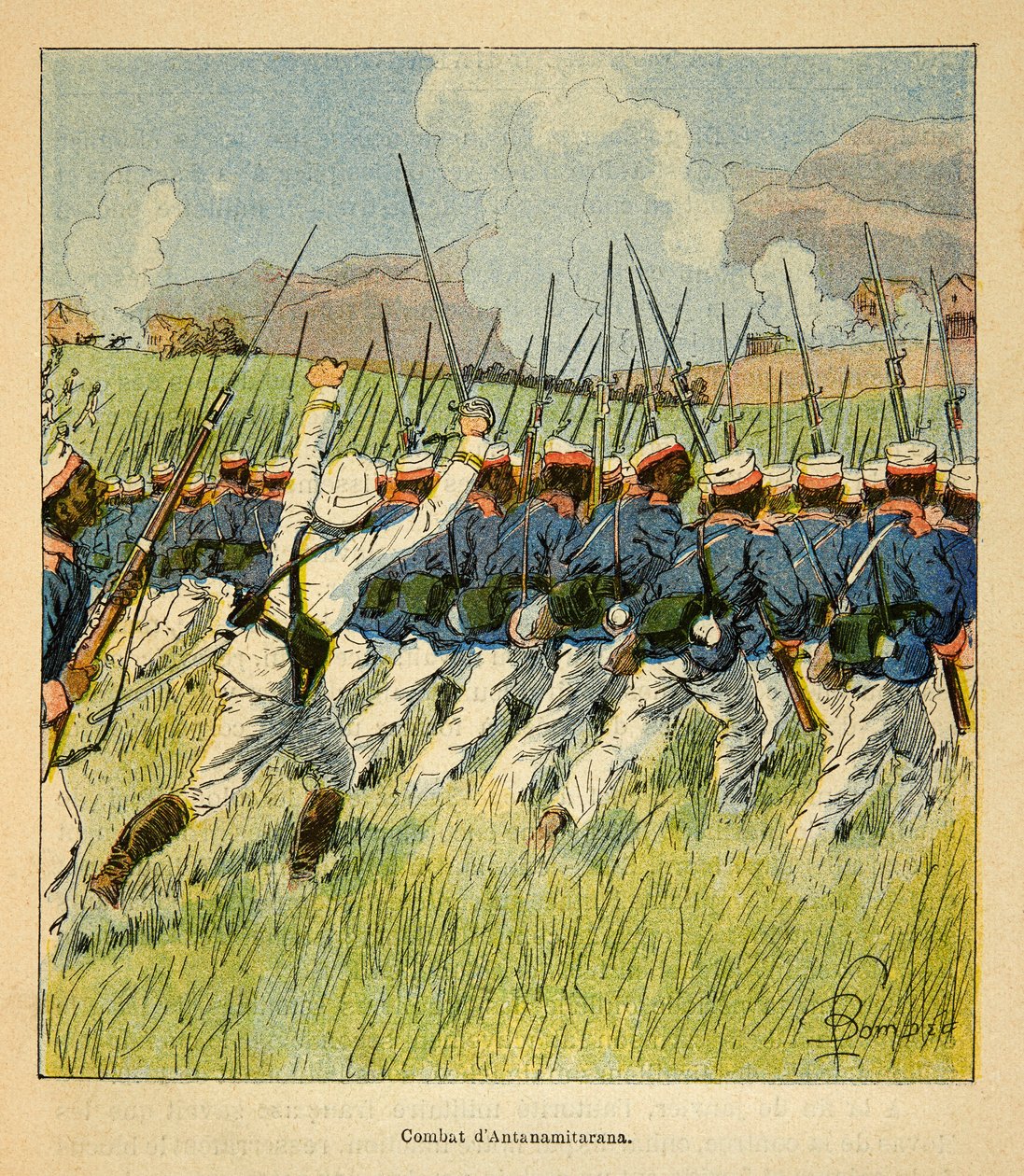 Wojna na Madagaskarze-Anegdota Historia francuskich ekspedycji 1885-1895 Henri Galli dit Galllichet (1854-1922), ilustracja Louis Bombled (1862-1927): wojska francuskie podczas bitew pod Antanamitaraną w 1895 r., zbiory prywatne autorstwa Louis Charles Bombled