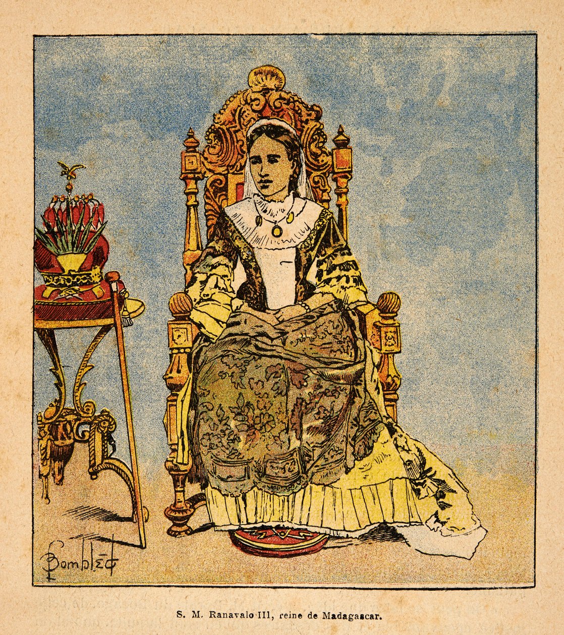 Wojna na Madagaskarze – anegdotyczna historia francuskich ekspedycji z lat 1885-1895 Henri Galli dit Galllichet (1854-1922), zilustrowana przez Louisa Bombleda (1862-1927): Portret królowej Ranavalony III (1861-1917) Królowej Madagaskaru, Prywatna kolekcja autorstwa Louis Charles Bombled