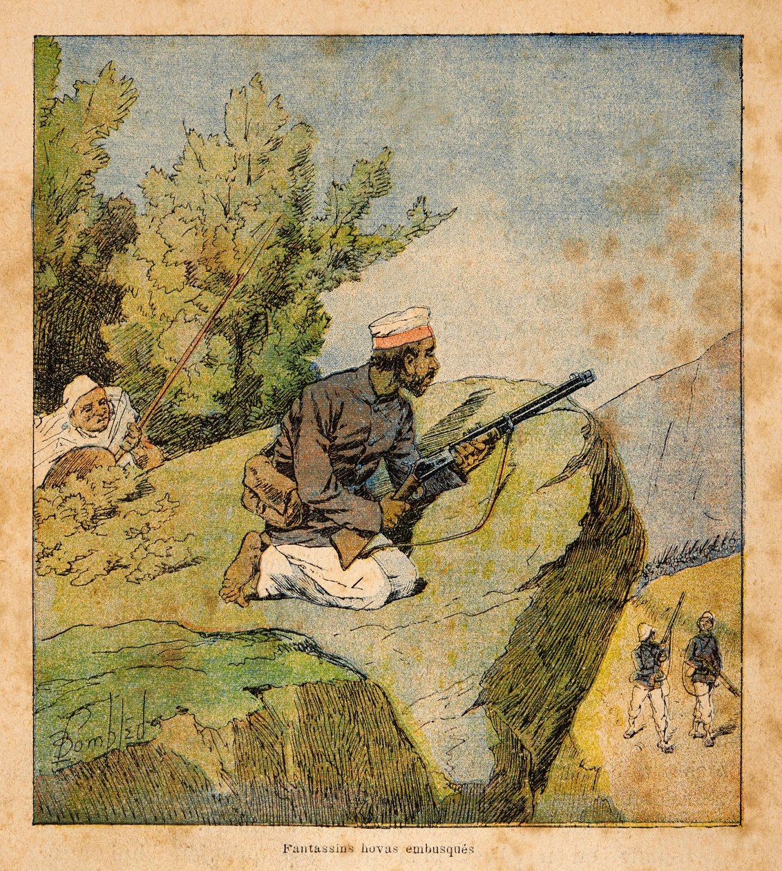 Wojna na Madagaskarze – anegdotyczna historia francuskich ekspedycji z lat 1885-1895 Henri Galli dit Galllichet (1854-1922), ilustracja Louis Bombled (1862-1927): Hovas Ambushes, kolekcja prywatna autorstwa Louis Charles Bombled