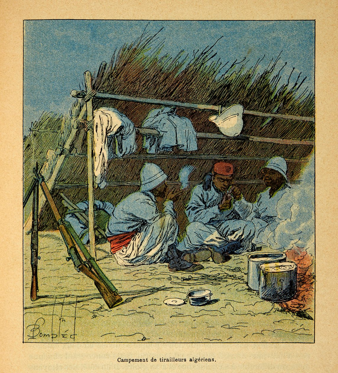 Wojna na Madagaskarze – anegdotyczna historia francuskich ekspedycji z lat 1885-1895 Henri Galli dit Galllichet (1854-1922), ilustracja Louis Bombled (1862-1927): Obóz Algierczyków na Madagaskarze w 1895 r., kolekcja prywatna autorstwa Louis Charles Bombled