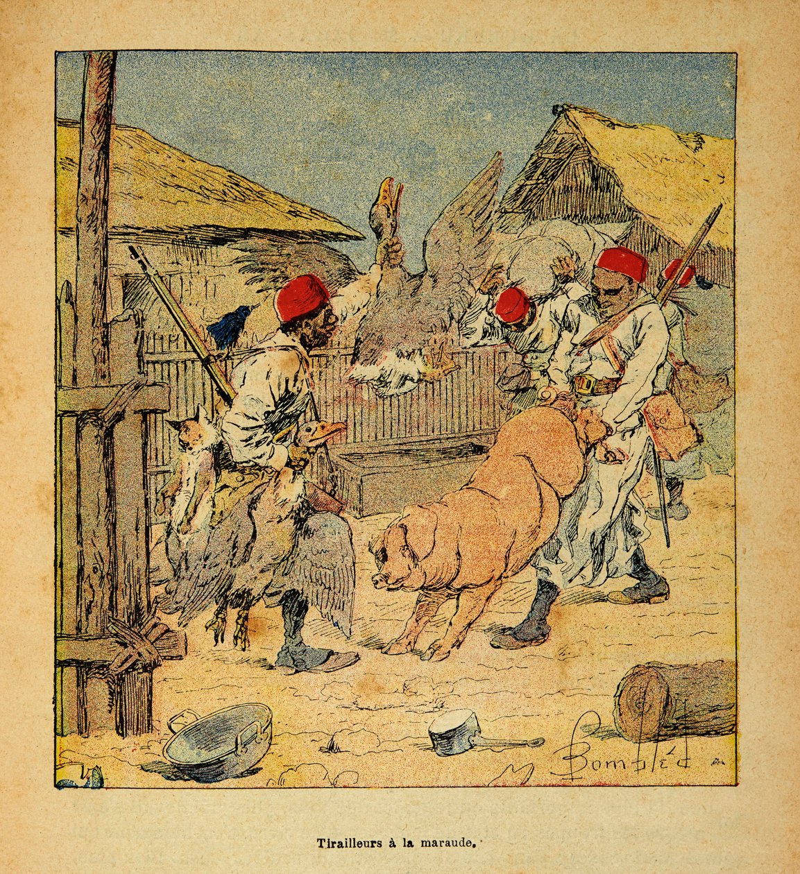 Wojna na Madagaskarze-Anegdota Historia francuskich ekspedycji z lat 1885-1895 Henri Galli dit Galllichet (1854-1922), ilustracja Louis Bombled (1862-1927): Grabież tyralierów na farmach, kolekcja prywatna autorstwa Louis Charles Bombled