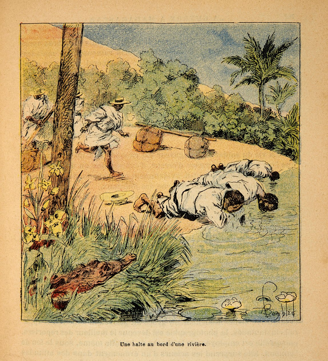 Wojna na Madagaskarze – anegdotyczna historia francuskich ekspedycji z lat 1885-1895 Henri Galli dit Galllichet (1854-1922), ilustracja Louis Bombled (1862-1927): Postój nad rzeką w 1895 r., Kolekcja prywatna autorstwa Louis Charles Bombled