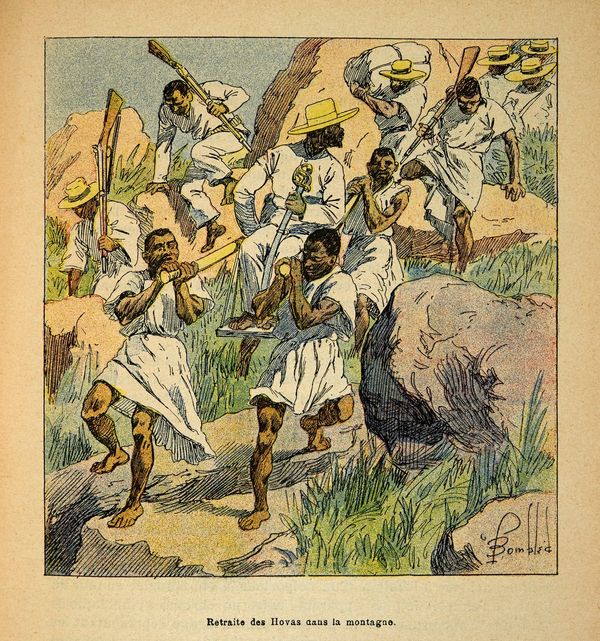 Wojna na Madagaskarze – anegdotyczna historia francuskich ekspedycji z lat 1885-1895 Henri Galli dit Galllichet (1854-1922), ilustracja Louis Bombled (1862-1927): Retreat of Hovas Troops in the Mountains, kolekcja prywatna autorstwa Louis Charles Bombled