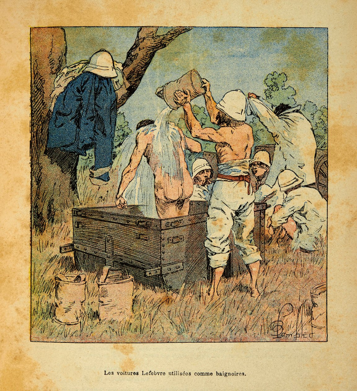 Wojna na Madagaskarze – anegdotyczna historia francuskich ekspedycji z lat 1885-1895 Henri Galli dit Galllichet (1854-1922), zilustrowana przez Louisa Bombleda (1862-1927): Samochody Lefebvre używane jako wanna przez żołnierzy w 1895 roku na Madagaskarze,  autorstwa Louis Charles Bombled