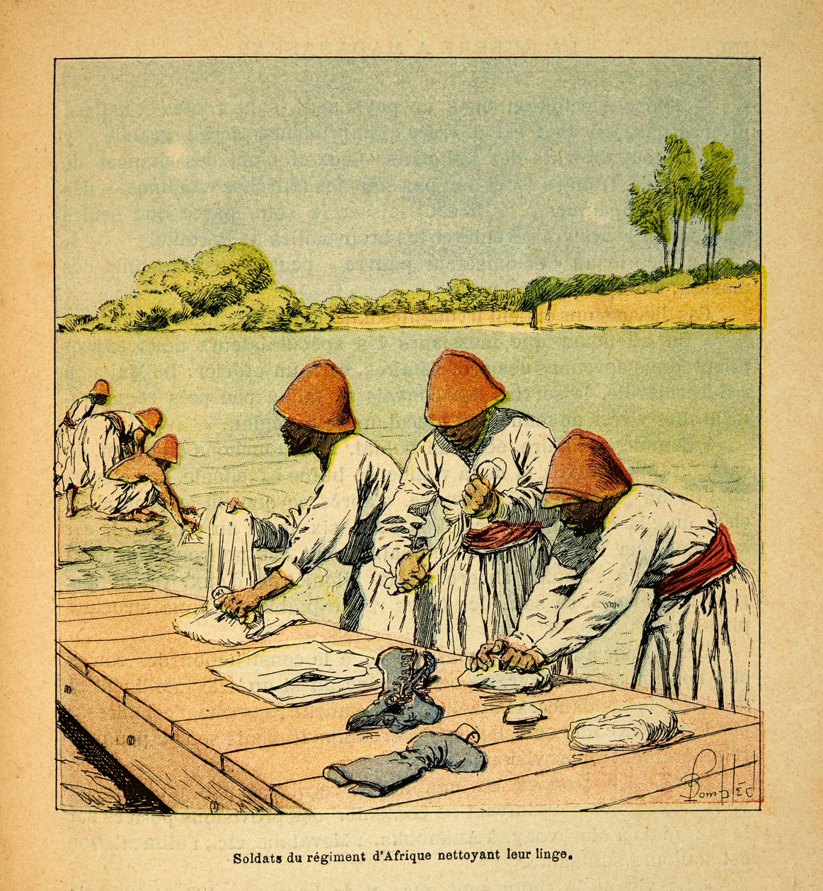 Wojna na Madagaskarze-Anegdota Historia francuskich ekspedycji 1885-1895 Henri Galli dit Galllichet (1854-1922), ilustrowana przez Louisa Bombleda (1862-1927): Żołnierze pułku afrykańskiego piorący pranie na brzegu rzeki na Madagaska autorstwa Louis Charles Bombled