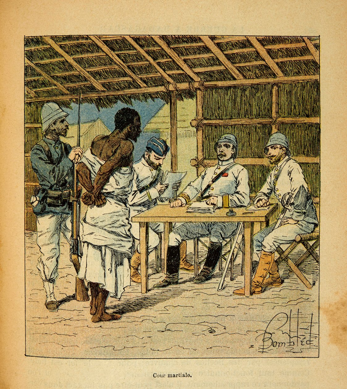 Wojna na Madagaskarze-Anegdota Historia francuskich ekspedycji 1885-1895 Henri Galli dit Galllichet (1854-1922), ilustracja Louis Bombled (1862-1927): Przesłuchanie więźnia Hovas przez Francuzów, zbiory prywatne autorstwa Louis Charles Bombled