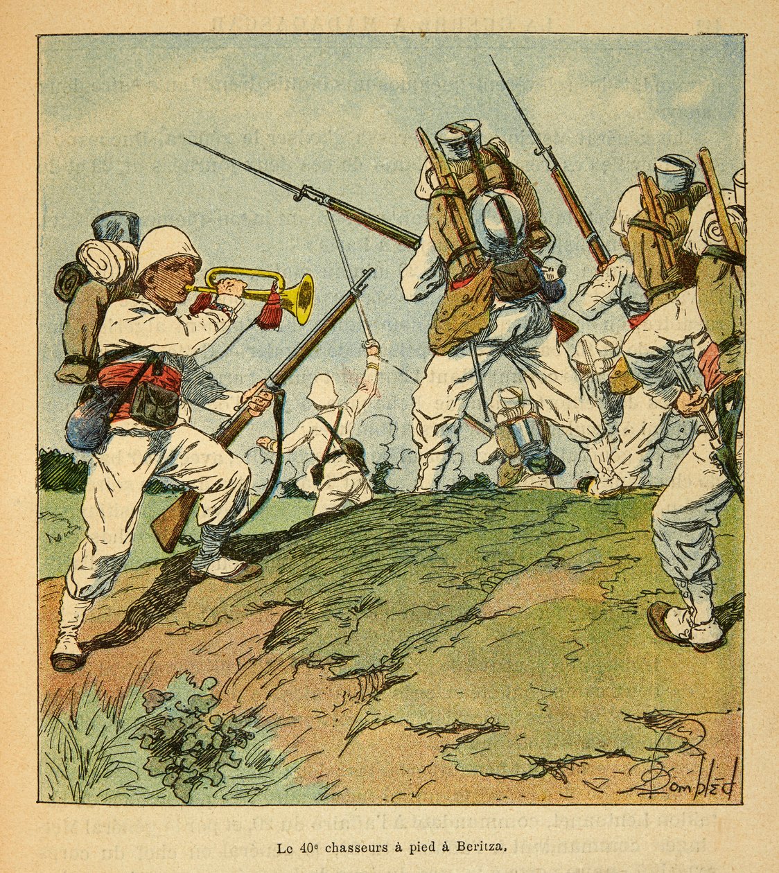 Wojna na Madagaskarze-Anegdota Historia francuskich ekspedycji z lat 1885-1895 Henri Galli dit Galllichet (1854-1922), ilustr. Louis Bombled (1862-1927): 40. Myśliwi pieszo podczas walk w Beritza w 1895 r., Szeregowy Kolekcja autorstwa Louis Charles Bombled