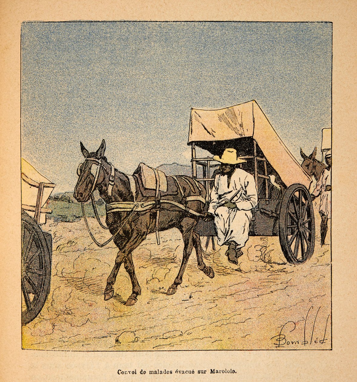 Wojna na Madagaskarze – anegdotyczna historia francuskich ekspedycji z lat 1885-1895 Henri Galli dit Galllichet (1854-1922), ilustracja Louis Bombled (1862-1927): Konwój chorych na Marololo, kolekcja prywatna autorstwa Louis Charles Bombled