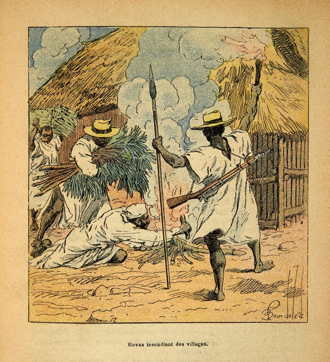 Wojna na Madagaskarze-Anegdota Historia francuskich ekspedycji z lat 1885-1895 Henri Galli dit Galllichet (1854-1922), ilustrowana przez Louisa Bombleda (1862-1927): płonące wioski Hovasów, kolekcja prywatna autorstwa Louis Charles Bombled
