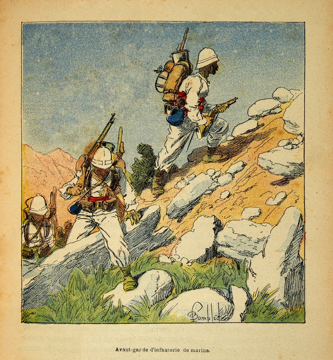 Wojna na Madagaskarze – anegdotyczna historia francuskich ekspedycji z lat 1885-1895 Henri Galli dit Galllichet (1854-1922), ilustracja Louis Bombled (1862-1927): Awangarda piechoty na Madagaskarze w 1895 r., zbiory prywatne autorstwa Louis Charles Bombled