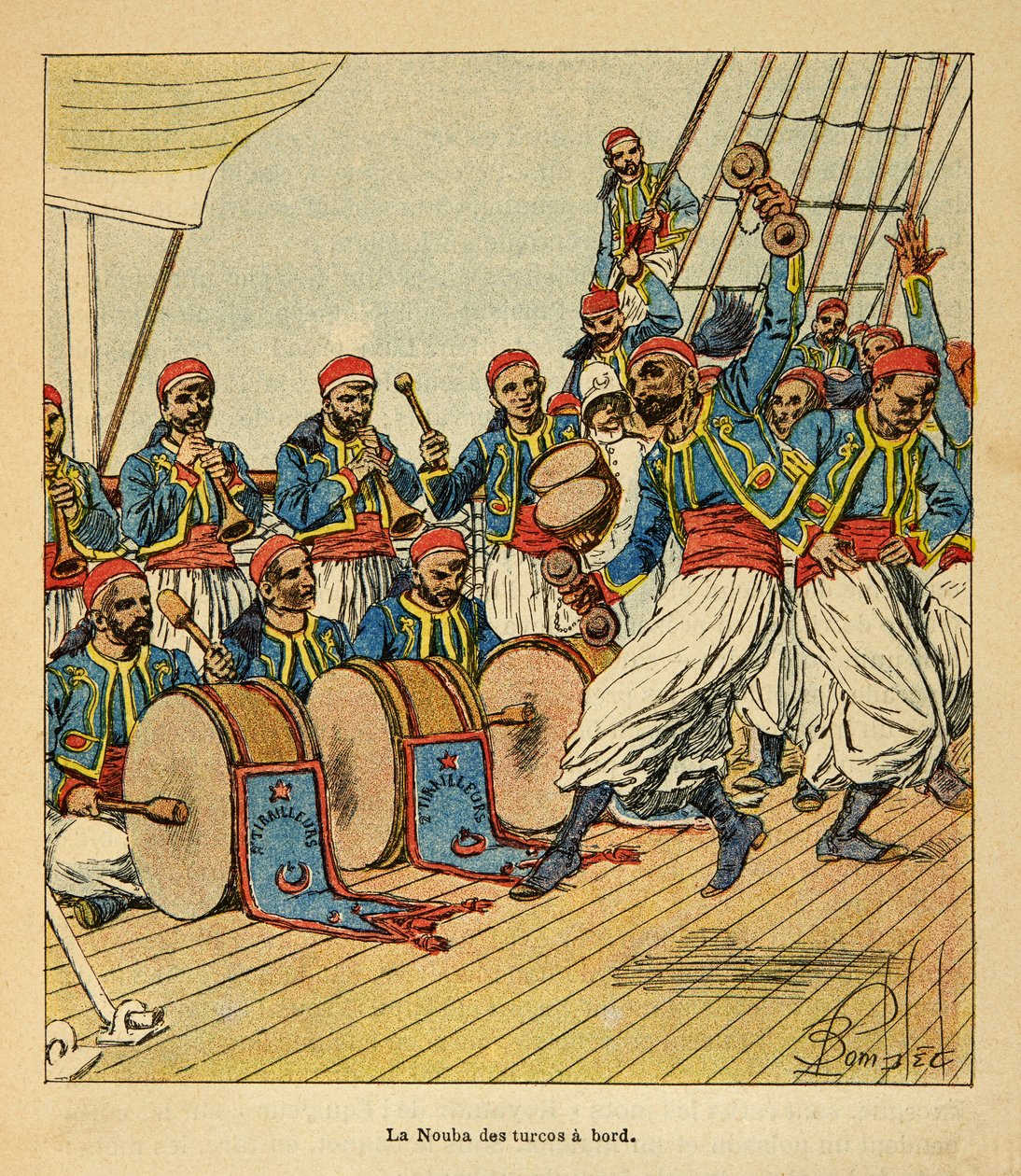 Wojna na Madagaskarze – anegdotyczna historia francuskich ekspedycji z lat 1885-1895 Henri Galli dit Galllichet (1854-1922), ilustracja Louis Bombled (1862-1927): Dziewięciu Turków na pokładzie statku płynącego na Madagaskar, kolekcja prywatna autorstwa Louis Charles Bombled