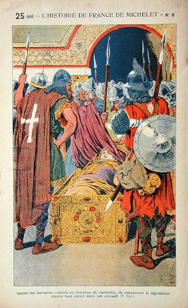 Odkrycie zmumifikowanego ciała cesarza Justyniana (483-565) podczas zdobywania Konstantynopola przez krzyżowców w 1204, ilustracja z „Histoire de France” Julesa Micheleta (1798-1874) ok. 1900 (kolor lito) autorstwa Louis Charles Bombled