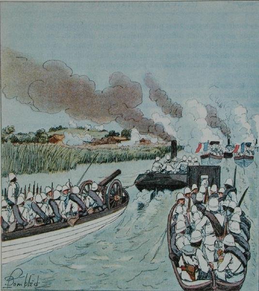Atak flotylli na Marovoay na Madagaskarze z „La Guerre a Madagascar” H.Galli autorstwa Louis Charles Bombled