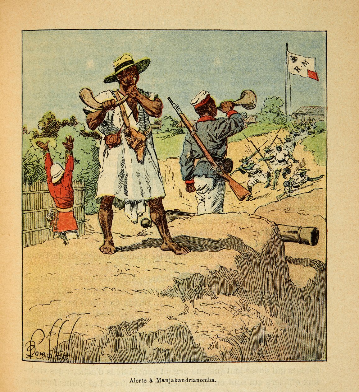 Wojna na Madagaskarze-Anegdotyczna historia francuskich wypraw z lat 1885-1895 Henri Galli dit Galllichet (1854-1922), zilustrowana przez Louisa Bombleda (1862-1927): Oddziały malgaskie w pogotowiu w Manjakandrianomba po przybyciu wojsk francuskich w 1895  autorstwa Louis Charles Bombled