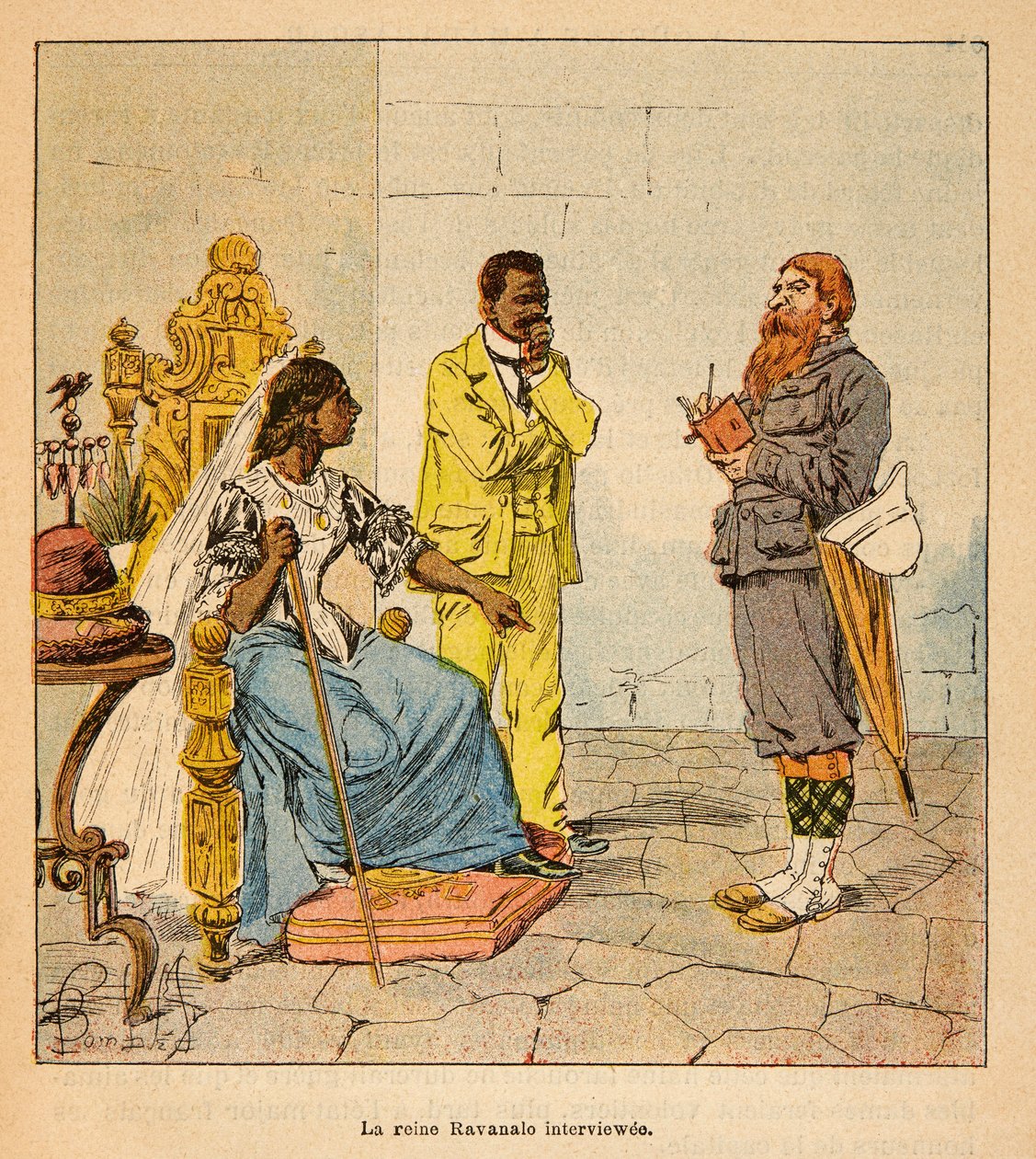 Wojna na Madagaskarze — anegdotyczna historia francuskich wypraw z lat 1885-1895 Henri Galli dit Galllichet (1854-1922), zilustrowana przez Louisa Bombleda (1862-1927): angielski dziennikarz przeprowadził wywiad z królową Ravanalo w 1895 roku w obecności j autorstwa Louis Charles Bombled