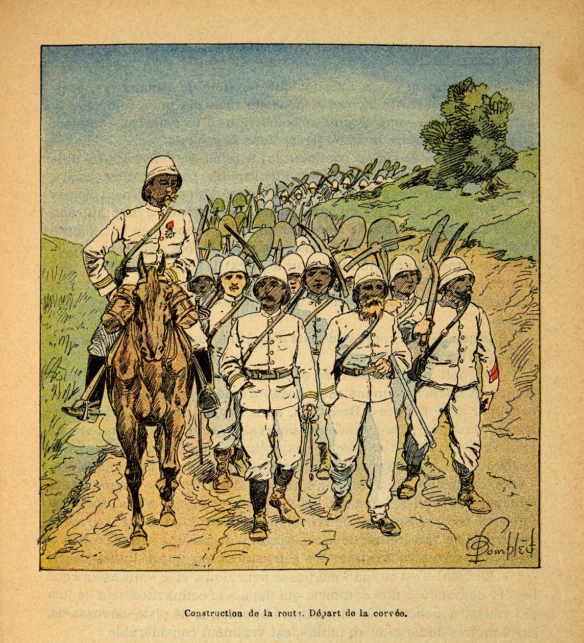 Wojna na Madagaskarze-Anegdotyczna historia wypraw francuskich z lat 1885-1895 Henri Galli dit Galllichet (1854-1922), zilustrowana przez Louisa Bombleda (1862-1927): Budowa drogi na Madagaskarze, początek pańszczyzny, Zbiory prywatne autorstwa Louis Charles Bombled