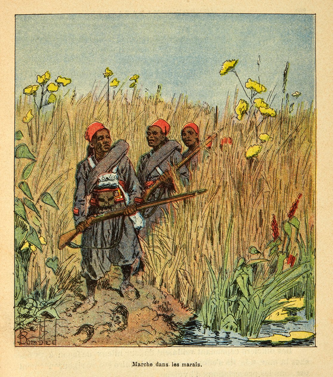 Wojna na Madagaskarze-Anegdotyczna historia wypraw francuskich z lat 1885-1895 Henri Galli dit Galllichet (1854-1922), zilustrowana przez Louisa Bombleda (1862-1927): wojska francuskie na wyprawie na bagna na Madagaskarze w 1895 roku, zbiory prywatne autorstwa Louis Charles Bombled