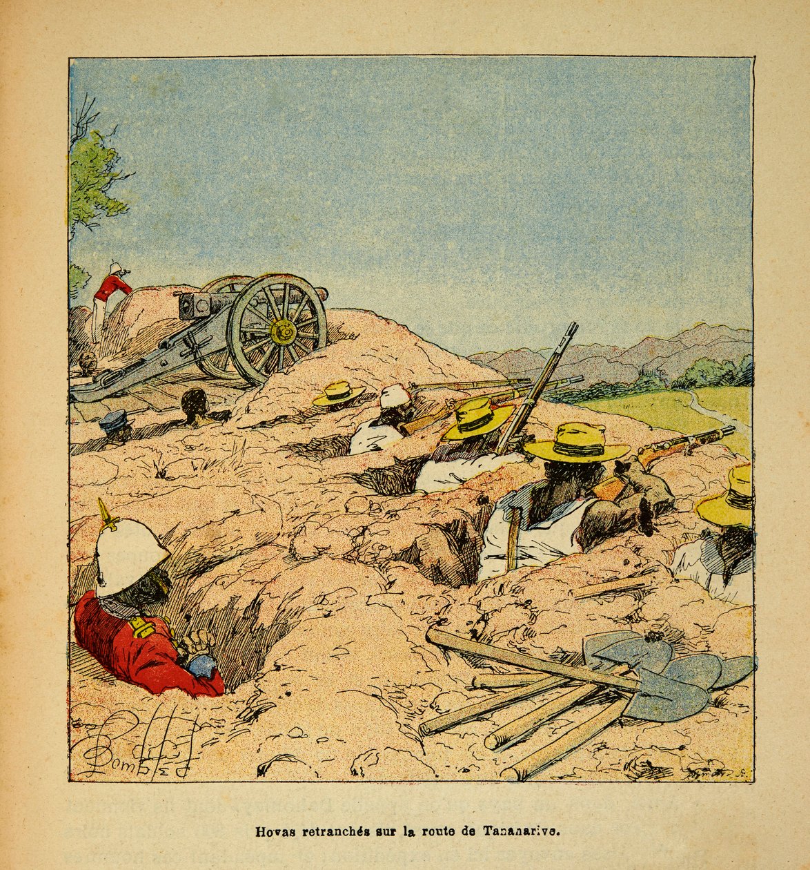 Wojna na Madagaskarze-Anegdotyczna historia francuskich wypraw z lat 1885-1895 Henri Galli dit Galllichet (1854-1922), zilustrowana przez Louisa Bombleda (1862-1927): Okopy trupy Hovas na drodze do Tannarive w 1895 roku, zbiory prywatne autorstwa Louis Charles Bombled