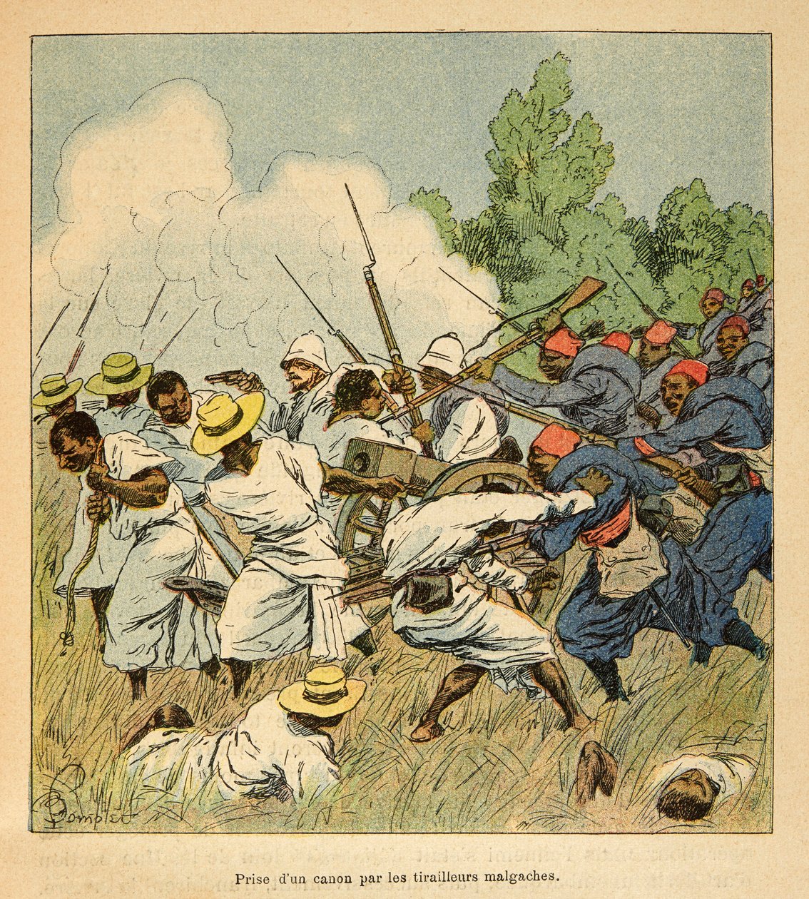 Wojna na Madagaskarze - Anegdotyczna historia francuskich wypraw z lat 1885-1895 Henri Galli dit Galllichet (1854-1922), zilustrowana przez Louisa Bombleda (1862-1927): Malgasz chwycił armatę podczas bitew Ambolomonty w 1895 r., Zbiory prywatne autorstwa Louis Charles Bombled