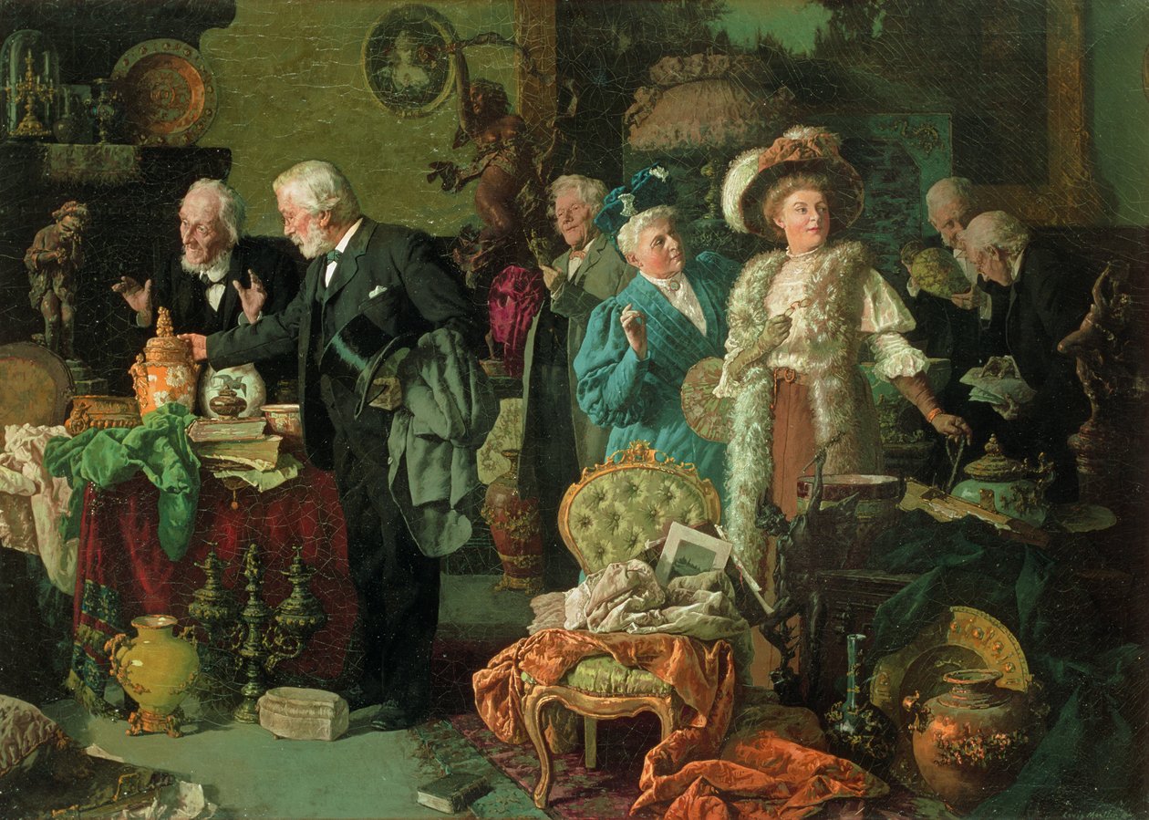 Koneserzy w antykwariacie (olej na płótnie) autorstwa Louis Charles Moeller