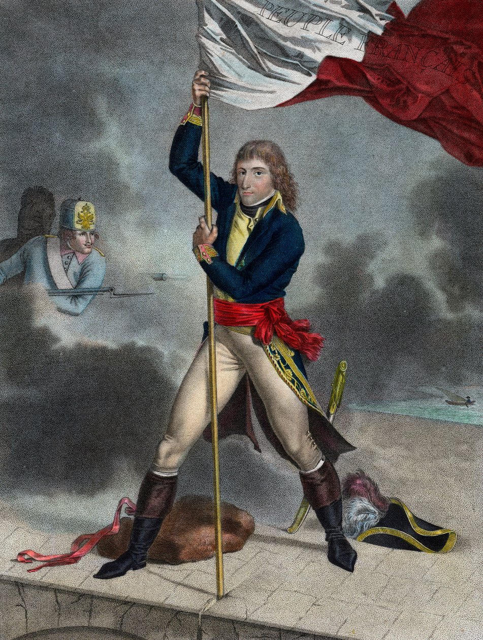 Napoleon Bonaparte podczas bitwy pod mostem Arcole (Arcola), listopad 1796 - Generał Buonaparte en Chief Armee Włoch podbija flagę na moście Arcole w 1796 - rycina Louis Charles Ruotte autorstwa Louis Charles Ruotte