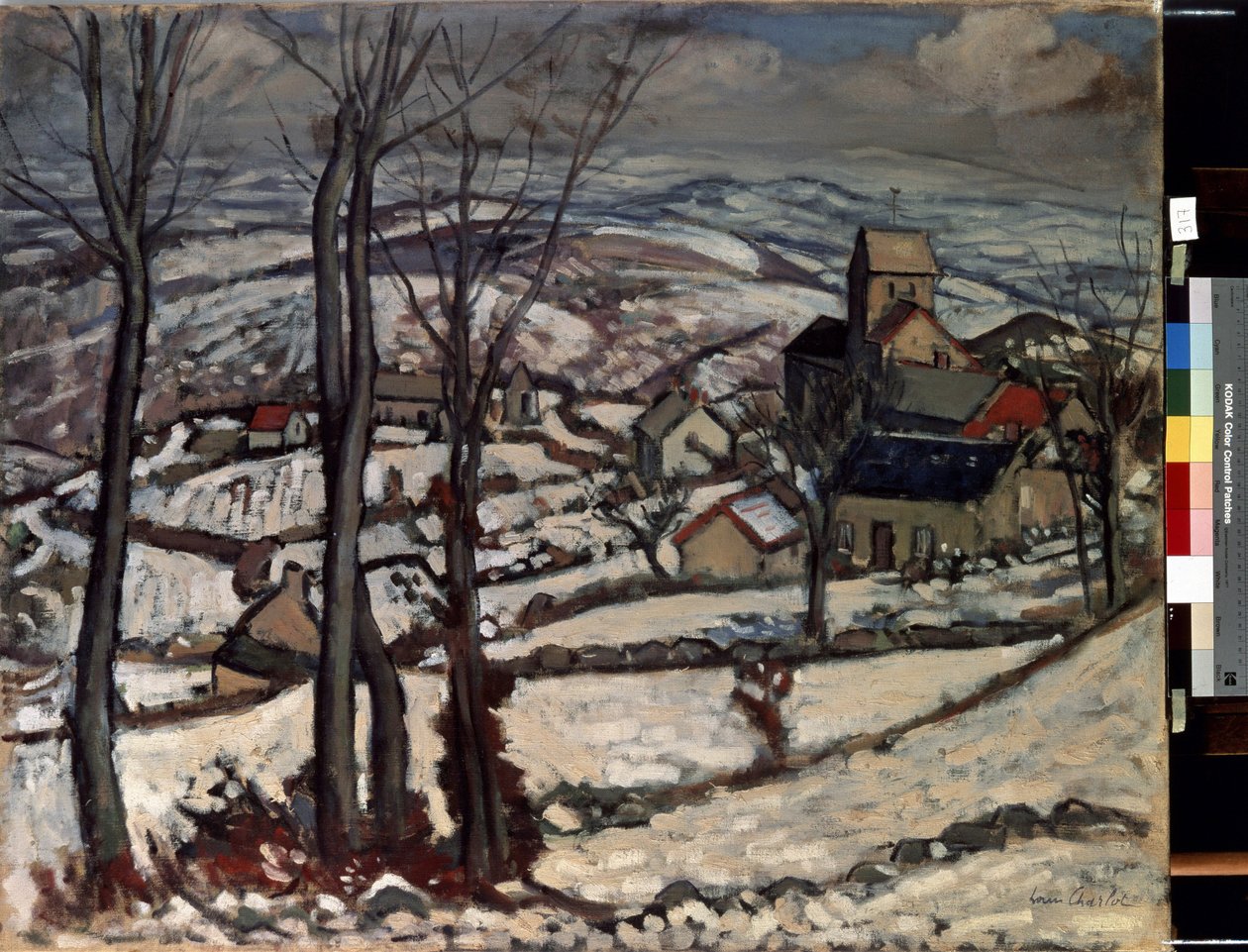 Wioska w Morvan pod śniegiem. Malarstwo Louisa Charlota (1878-1951) autorstwa Louis Charlot