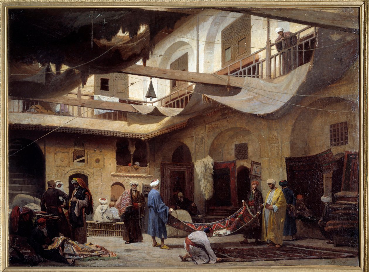 Bazar dywanów w Chan-Chabil w Kairze w 1866 r. Obraz Louis Claude Mouchot (1830-1891) autorstwa Louis Claude Mouchot