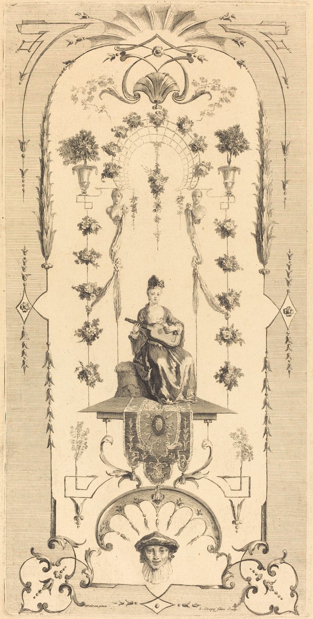 Siedząca kobieta grająca na gitarze autorstwa Louis Crépy after Antoine Watteau