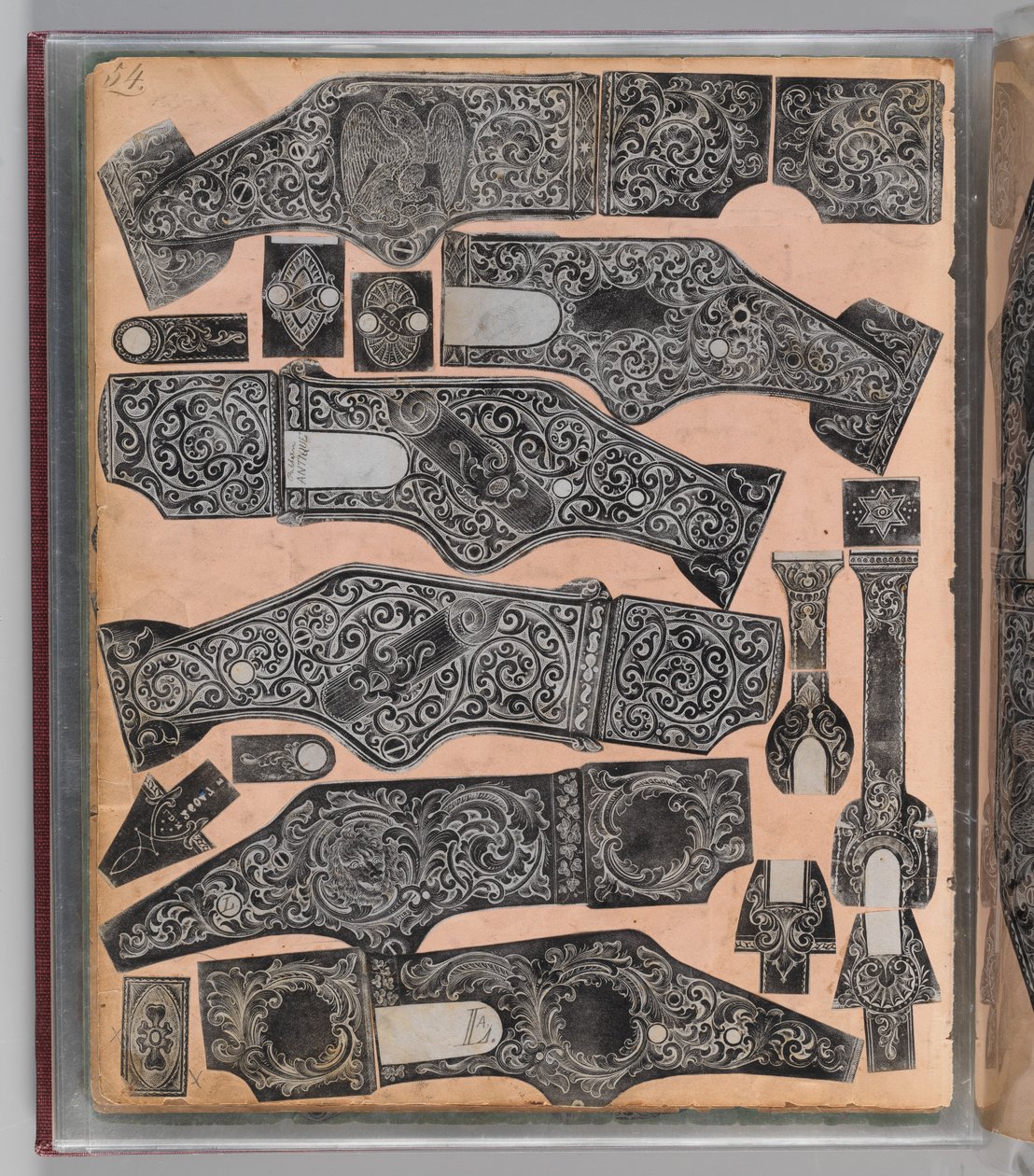 Zeszyt ćwiczeń z grawerowanym ornamentem broni palnej Louisa D. Nimschke, Amerykanin, ok. 1850-1900. autorstwa Louis D. Nimschke