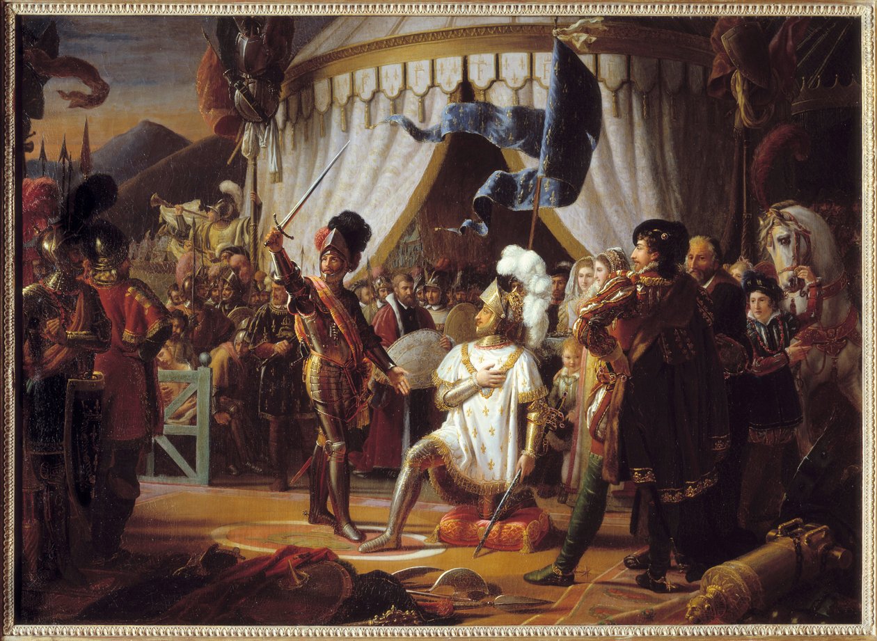 Franciszek I z Francji prosząc o pasowanie na rycerza przez Kawalera Bayarda po zwycięstwie w bitwie pod Marignano we Włoszech, 1515 - autorstwa Louis Ducis
