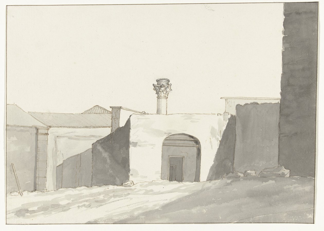Antieke zuil en gebouwen in haven van Brindisi Odległy widok na antyczną kolumnę [w porcie Brindisi] Podróże po Włoszech, Sycylii i Malcie - 1778 (tytuł serii) autorstwa Louis Ducros