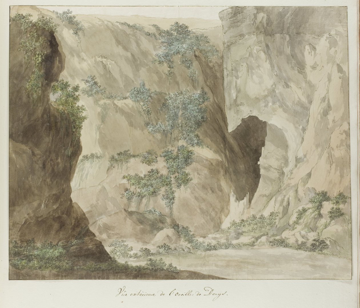 Buitenwand van de grot Ucho Dionizego Widok zewnętrzny ucha Dionizego (tytuł na obiekcie) Podróże po Włoszech, Sycylii i Malcie - 1778 (tytuł serii) autorstwa Louis Ducros
