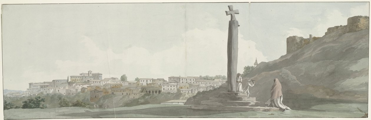 Gezicht op Arriano en monument, zogenaamde altaar van Janus Widok na miasto Arriano (Equotuticum), starożytny pomnik zwany Ołtarzem Jana i zniszczoną fortecę (tytuł na obiekcie) Podróże po Włoszech, Sycylii i Malcie - 1778 (tytuł serii) autorstwa Louis Ducros