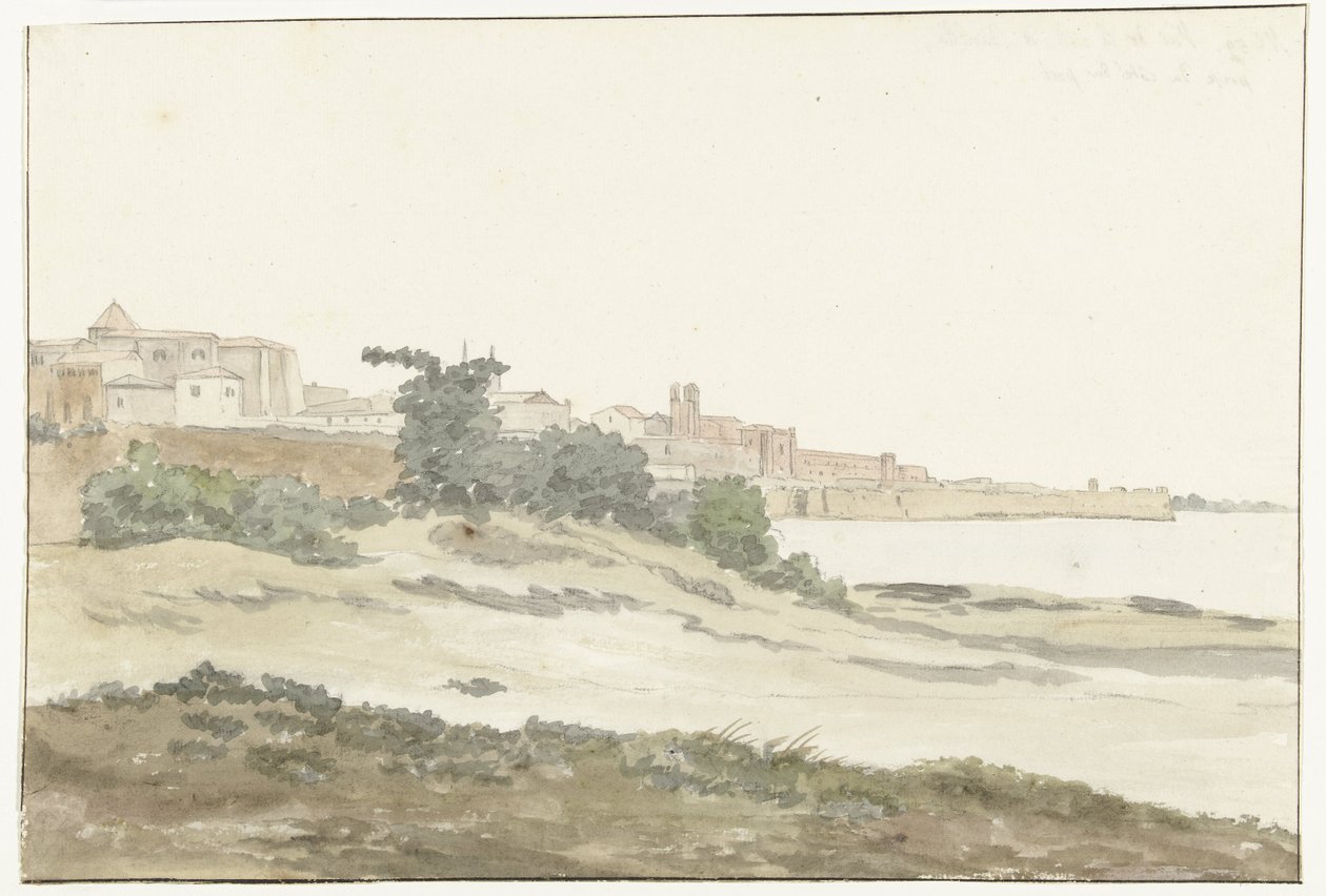 Gezicht op Barletta gelegen aan de kust Widok miasta Barletta z wybrzeża morskiego (tytuł na obiekcie) Podróże po Włoszech, Sycylii i Malcie - 1778 (tytuł serii) autorstwa Louis Ducros