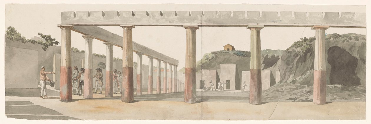 Widok na rzymskie koszary i kolumnadę w Pompejach Vue des Casernes Romaines & de la Colonnade de Pompeja (tytuł na obiekcie) Voyage en Italy i Sicile et à Malte - 1778 (tytuł serii) autorstwa Louis Ducros