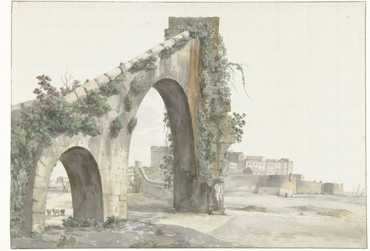 Gezicht op aquaduct en de stad Taranto Widok na akwedukt i miasto Taranto (tytuł na obiekcie) Podróże po Włoszech, Sycylii i Malcie - 1778 (tytuł serii) autorstwa Louis Ducros