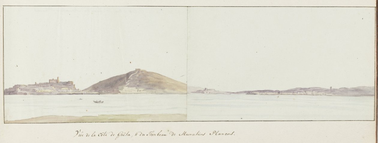 Gezicht op kust van Gaeta en mauzoleum van Munatius Plancus (Lucio Munazio Planco) Vue de la Côte de Gaëta i du Tombeau de Munatius Plancus (tytuł obiektu) Voyage en Italie, en Sicile et à Malte - 1778 (tytuł serii) autorstwa Louis Ducros