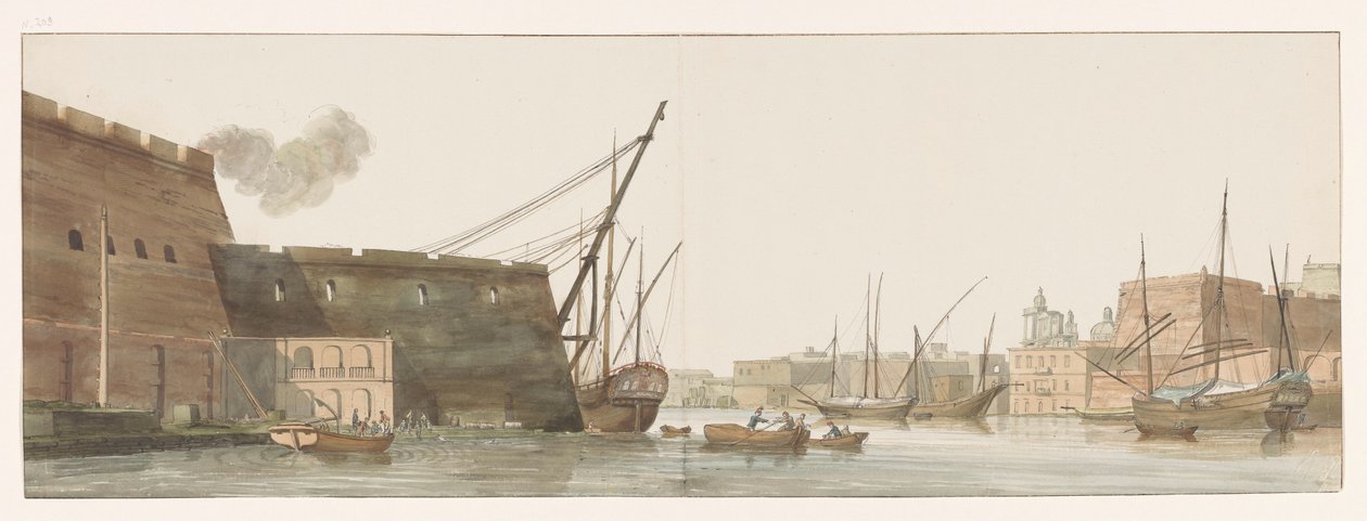 Gezicht op werf in haven van galei schepen te Malta Widok na plac budowy w porcie Galer na Malcie (tytuł na obiekcie) Podróże po Włoszech, Sycylii i Malcie - 1778 (tytuł serii) autorstwa Louis Ducros