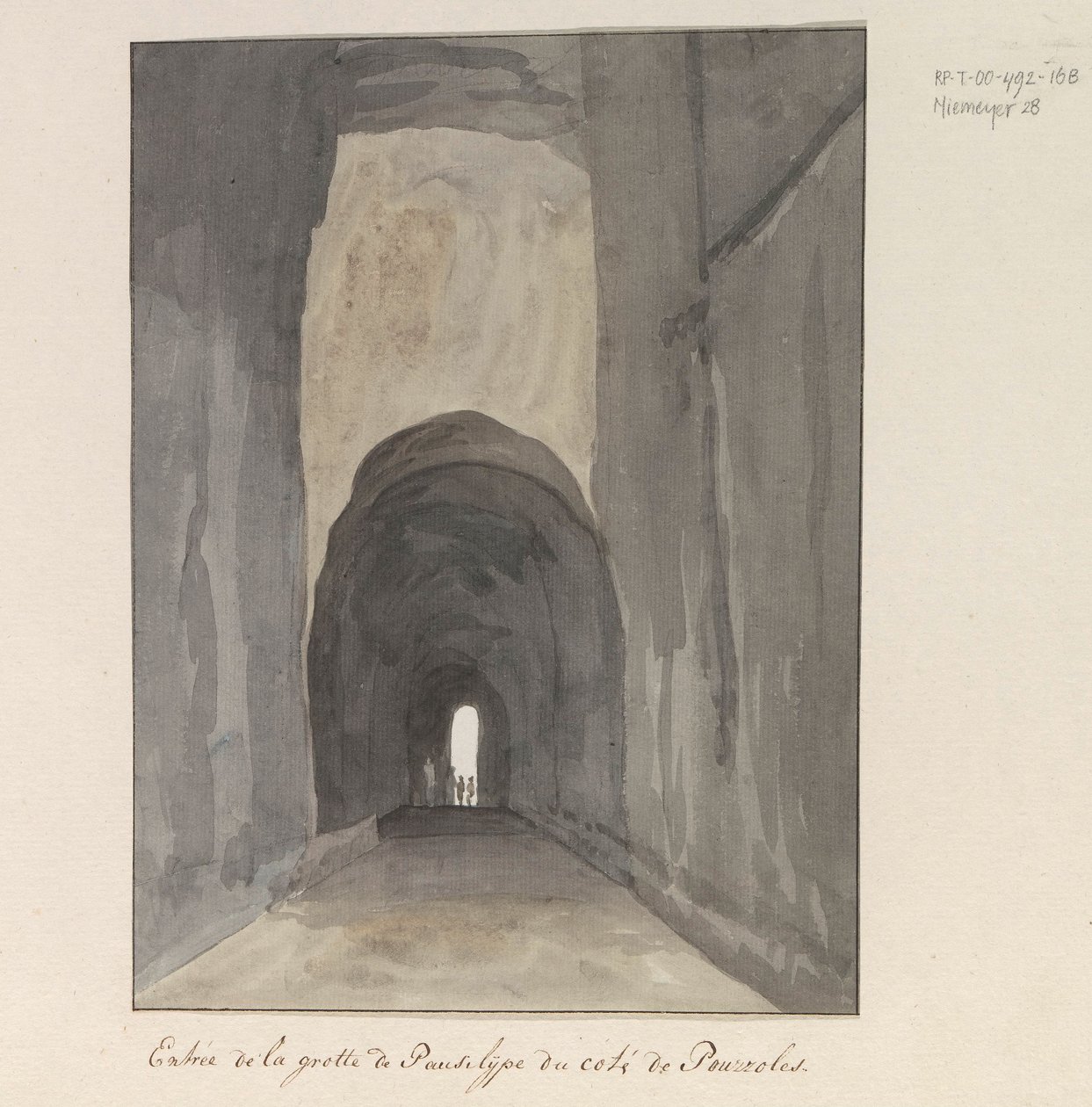 Ingang van grot Crypta Neapolitana (z Grotta di Posillipo) aan de kust van Pozzuoli Wejście do jaskini Pausilype w pobliżu Pozzuoli (tytuł na obiekcie) Podróże po Włoszech, Sycylii i Malcie - 1778 (tytuł serii) autorstwa Louis Ducros