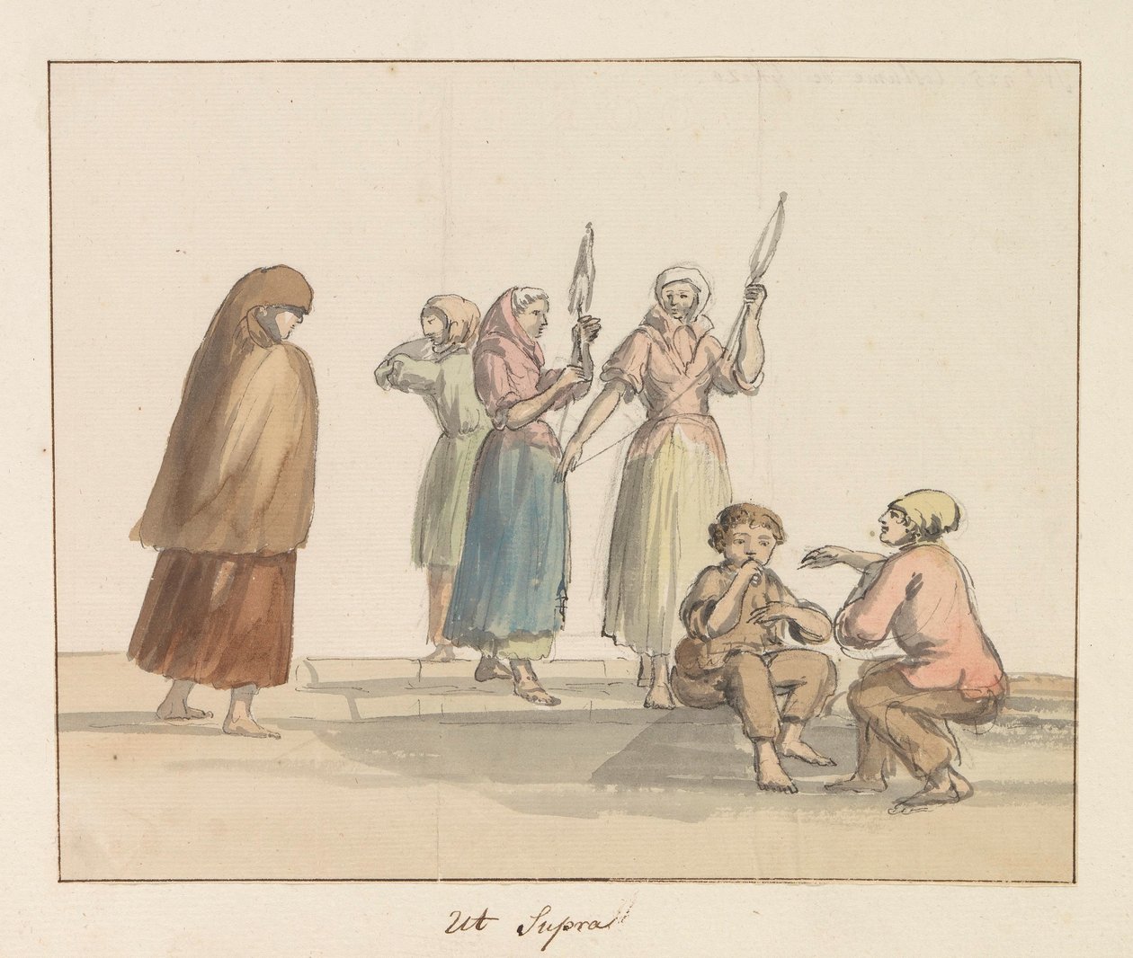 Tradycyjne stroje wyspy Gozo Costume de Ghozo (tytuł na obiekcie) Voyage en Italy i Sicile et à Malte - 1778 (tytuł serii) autorstwa Louis Ducros