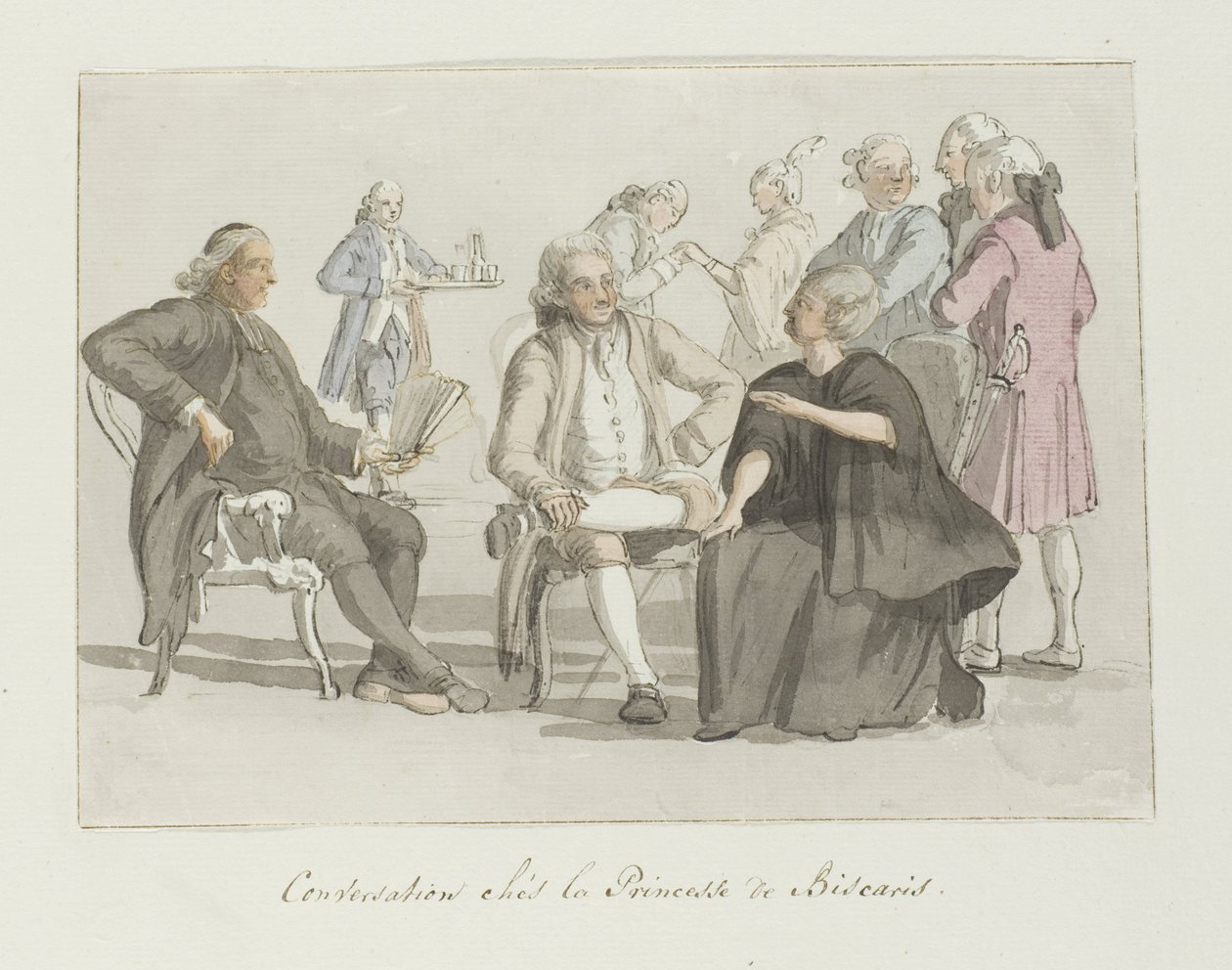 Członkowie grupy turystycznej w rozmowie z księżną Biscaris Rozmowa chés la Princesse de Biscaris (tytuł na przedmiocie) Voyage en Italy i Sicile et à Malte - 1778 (tytuł serii) autorstwa Louis Ducros