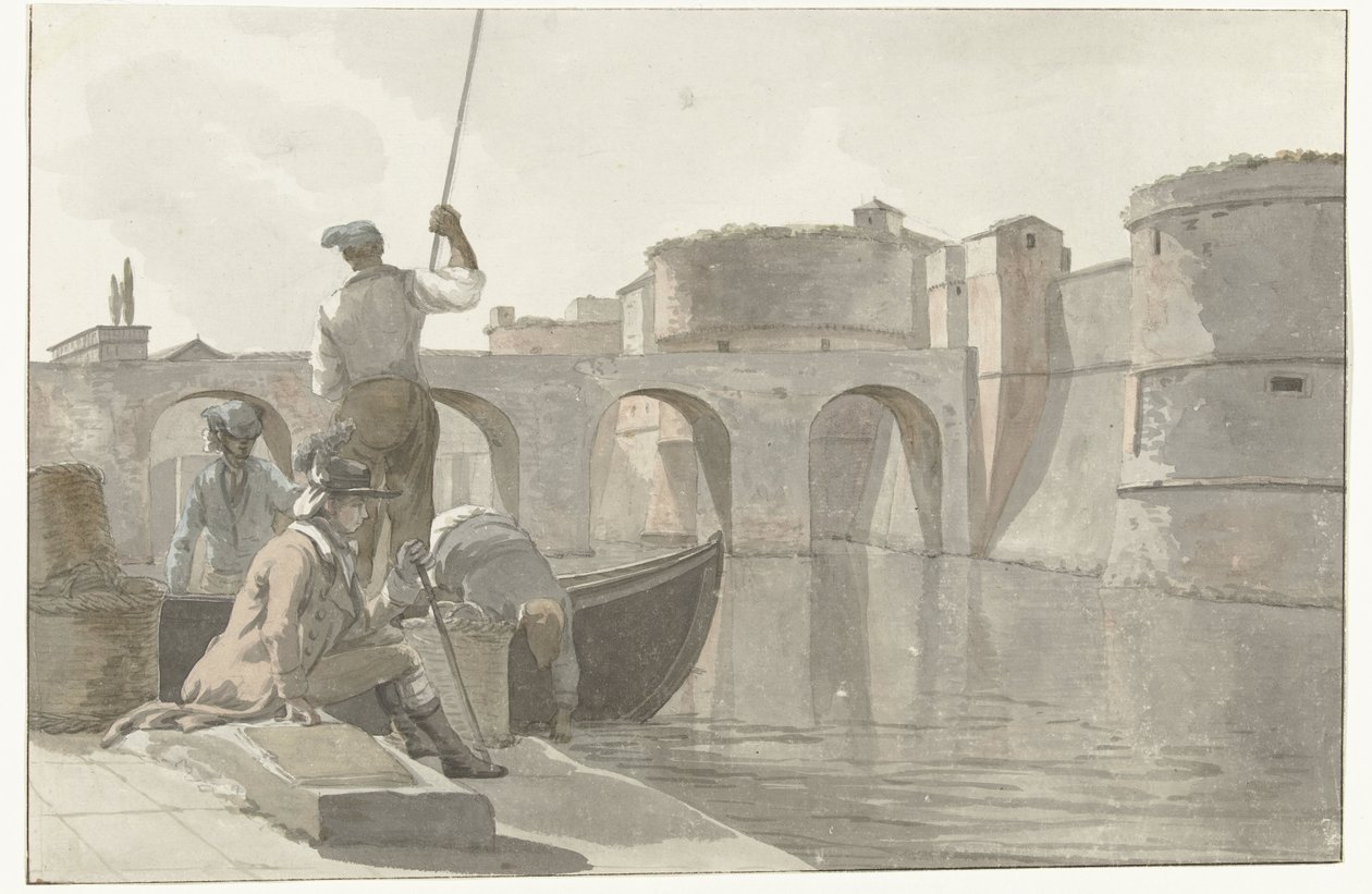 Nowy vestingsgracht van de vestingwerken w Taranto Widok na nową fosę Cytadeli Taranto (tytuł na obiekcie) Podróże po Włoszech, Sycylii i Malcie - 1778 (tytuł serii) autorstwa Louis Ducros